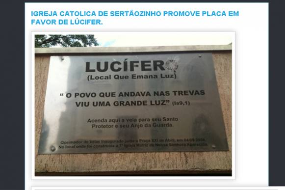 Pastor evangélico gera polêmica ao dizer que Igreja Católica de Sertãozinho promove placa em homenagem a Lúcifer